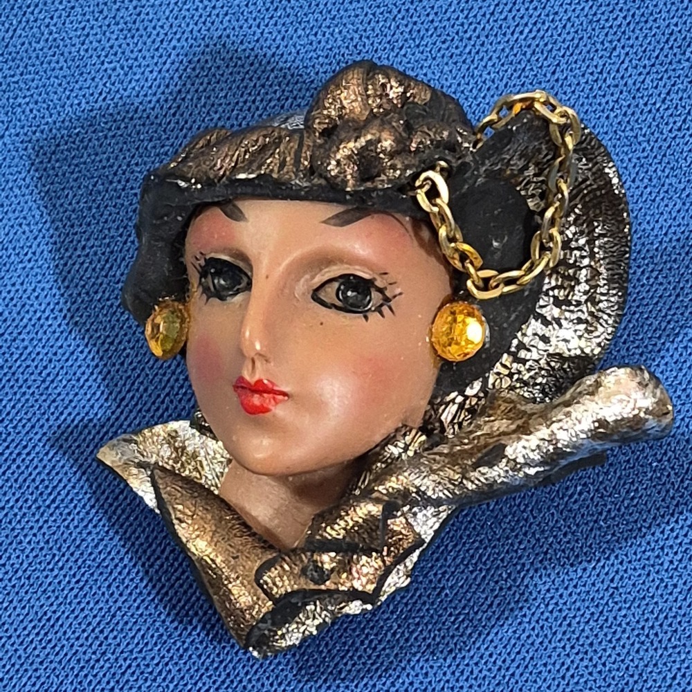 VTG Hand Painted Art Deco Lady Brooch Pin 2"